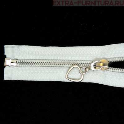 Молния спираль декор Т5 65см цв.белый/серебро (сердце)